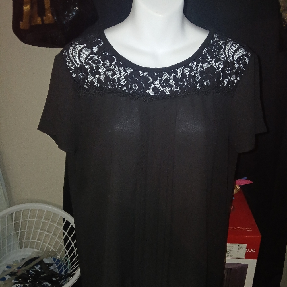 Karl Lagerfeld Paris Sheer Black Lace Floral Embroidery Blouse Pearl Feminine